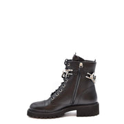 Giuseppe Zanotti women black leather ankle boots with silver chain accents and chunky sole front view