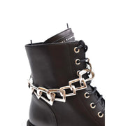 Giuseppe Zanotti women black leather ankle boots with zip feature a silver chain-link strap around the ankle