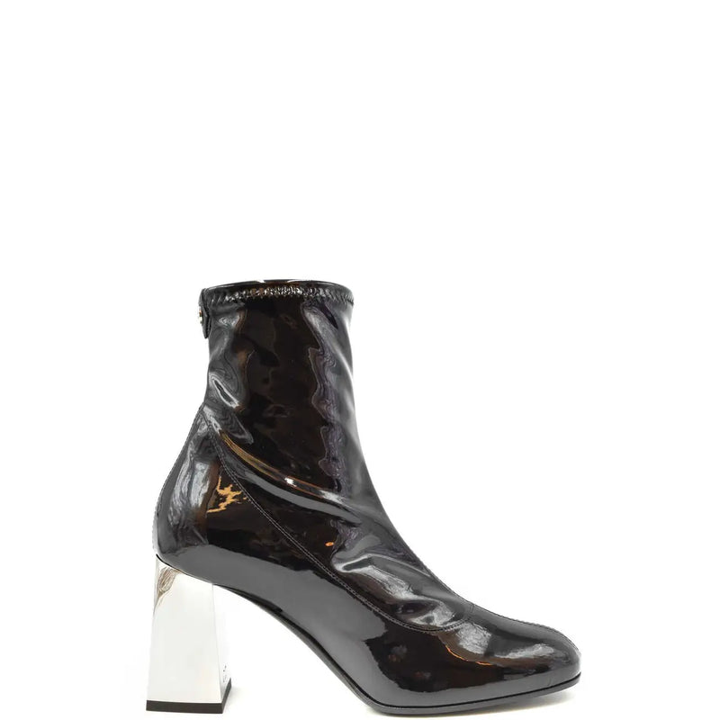 Giuseppe Zanotti women black leather ankle boots with sleek patent finish and bold silver block heel shown from back