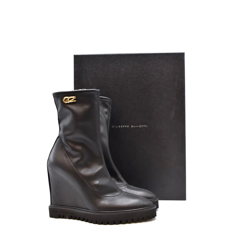 Giuseppe Zanotti women black leather wedge ankle boots with block heel and gold-tone logo emblem on the side