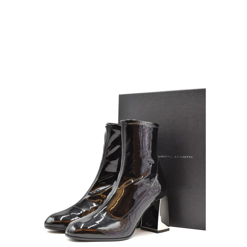 Giuseppe Zanotti women black patent leather ankle boots with glossy finish and chunky block heel front view