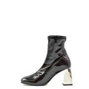 Giuseppe Zanotti women black patent leather ankle boot with glossy finish and bold metallic block heel
