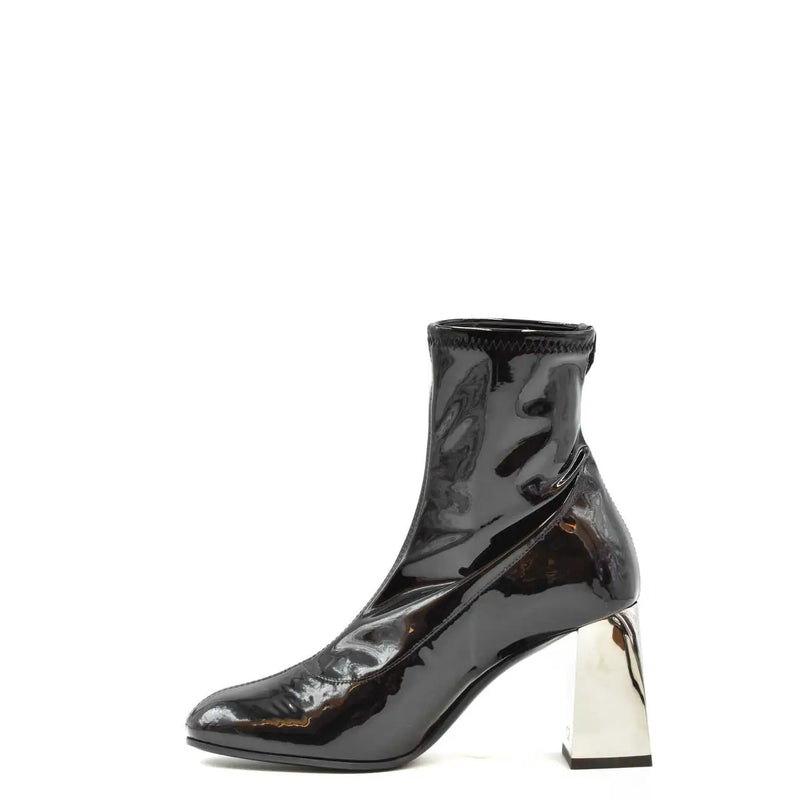 Giuseppe Zanotti women black patent leather ankle boot with glossy finish and bold metallic block heel