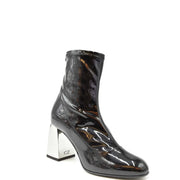 Giuseppe Zanotti women black patent leather ankle boot with glossy finish and silver block heel viewed from back
