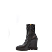 Giuseppe Zanotti women black leather wedge ankle boot with a gold-tone zipper pull and block heel