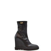 Giuseppe Zanotti women black leather wedge ankle boot with gold crocodile logo on the ankle