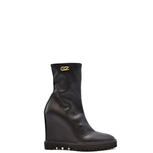 Schwarze Damen-Keilstiefelette aus Leder von Giuseppe Zanotti mit goldenem Krokodil-Logo am Knöchel