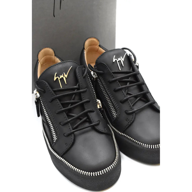 Giuseppe Zanotti women black leather sneakers with gold logo detailing and silver zippers visible from the back side