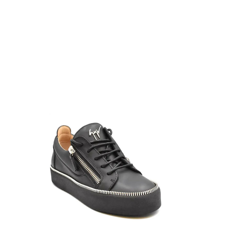 Giuseppe Zanotti women black leather sneaker with silver zipper accents and a platform sole
