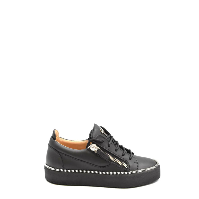 Giuseppe Zanotti women black leather low-top sneaker with silver side zipper and matching sole stitching