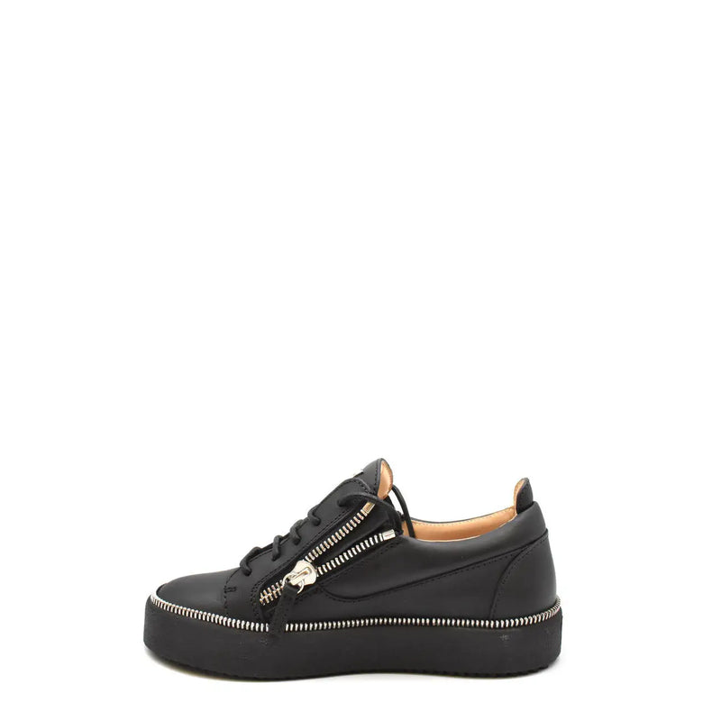 Giuseppe Zanotti women black leather platform sneaker with silver zipper detail along the side and toe