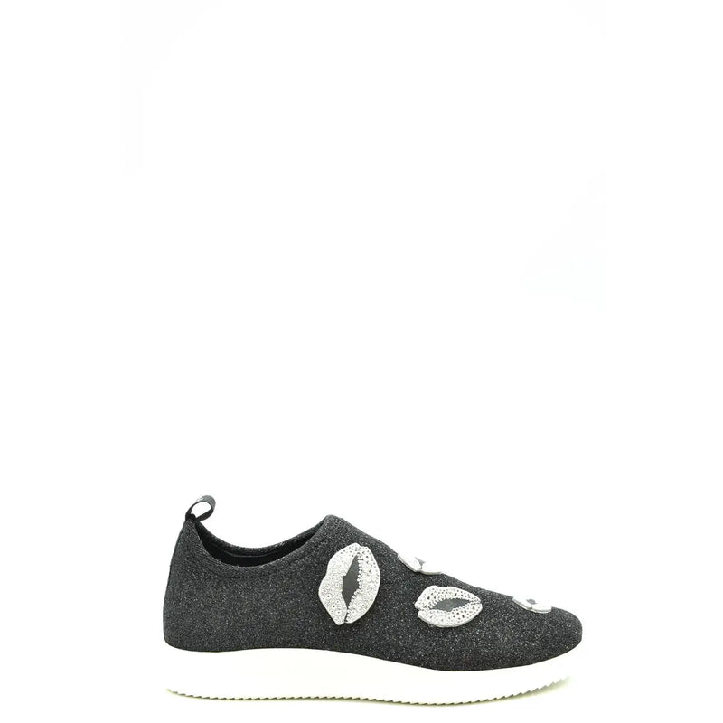 Giuseppe Zanotti women black nylon slip on sneaker with black glitter and silver kiss-shaped embellishments on side