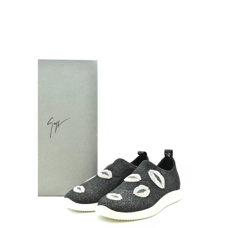 Giuseppe Zanotti women black nylon slip on sneakers with black glitter, white embroidered lips, and white soles