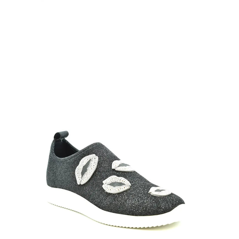 Giuseppe Zanotti women black nylon slip on sneakers with white kiss-shaped embellishments and glitter finish