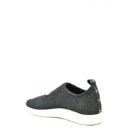 Giuseppe Zanotti women black nylon slip on sneaker with glittery finish, white rubber sole, and signature logo tag on heel