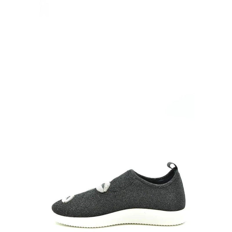 Giuseppe Zanotti women black nylon slip on sneaker with black glitter upper white sole and silver embellished eye details