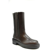 Giuseppe Zanotti women brown leather ankle boots with dark brown leather, chunky black rubber sole, and side zippers