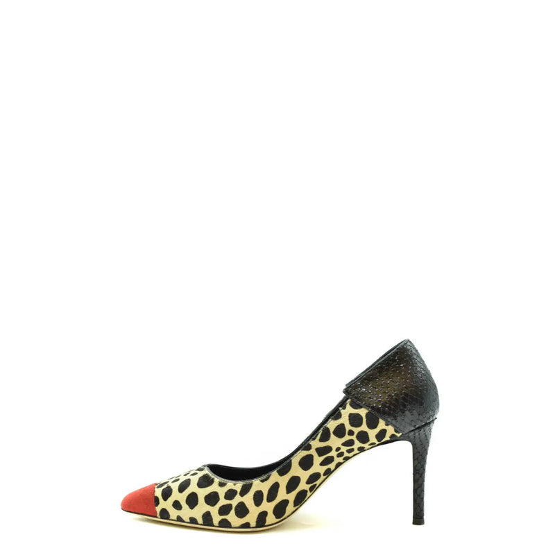 Giuseppe Zanotti women leopard pumps in suede leather with red toe cap and black snake-skin textured heel