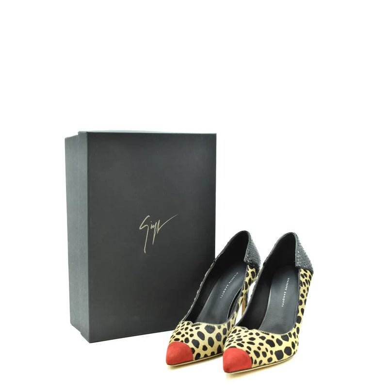 Giuseppe Zanotti women leopard pumps suede leather with red-tipped toes and glittery black accents