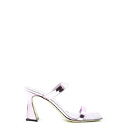 Giuseppe Zanotti women pink leather block heel sandals featuring a sleek metallic lavender mule design with square toe