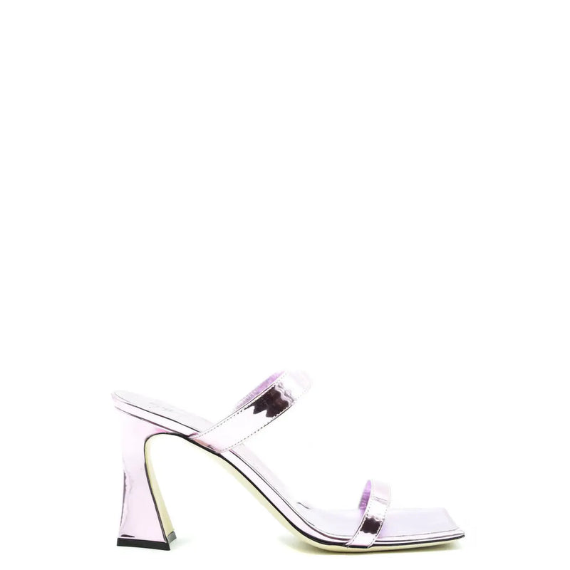 Giuseppe Zanotti women pink leather block heel sandals featuring a sleek metallic lavender mule design with square toe