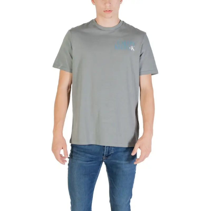Gray Calvin Klein men’s crew neck T-shirt displayed in a product image