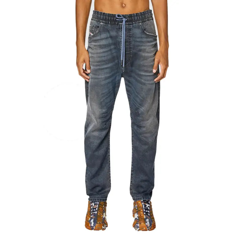 Gray denim drawstring pants with elastic waist front view in the product display