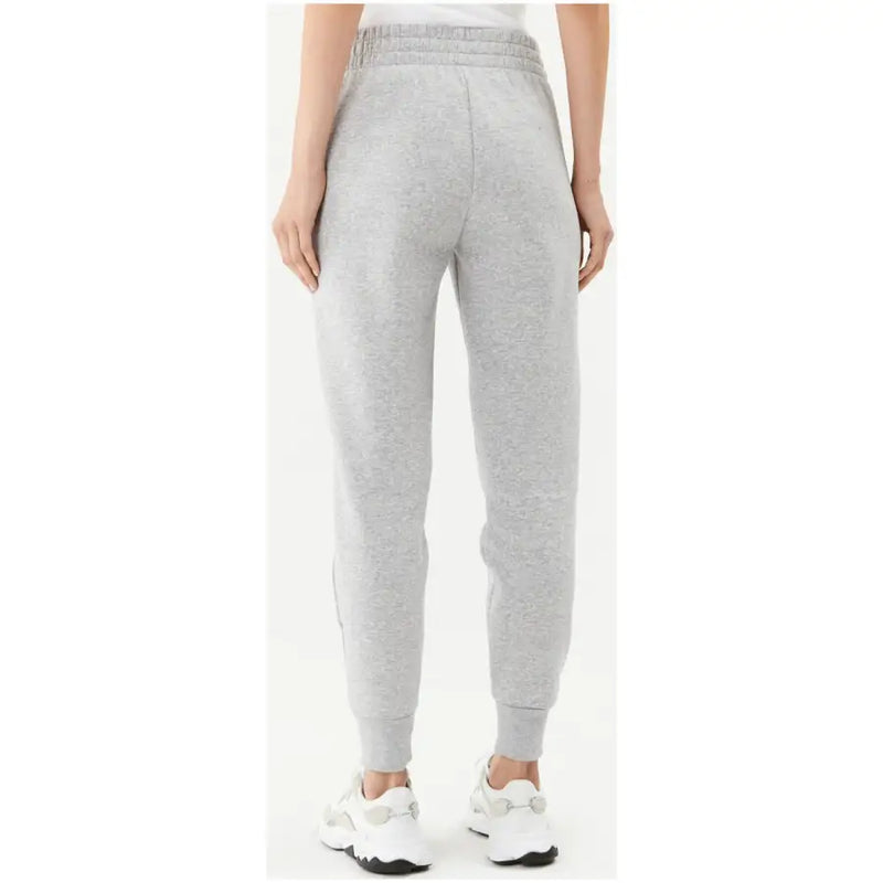 Gray drawstring sweatpants in heathered fabric with elastic waistband and ribbed cuffs for comfortable wear