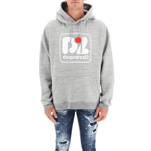 Gray heathered dsquared2 gray hooded sweatshirt with white logo featuring a red dot and brand name below