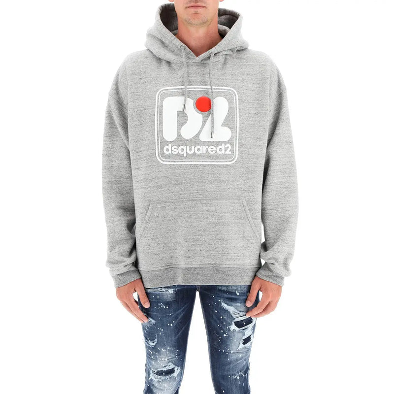 Gray heathered dsquared2 gray hooded sweatshirt with white logo featuring a red dot and brand name below