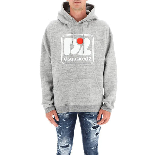Gray heathered dsquared2 gray hooded sweatshirt with white logo featuring a red dot and brand name below