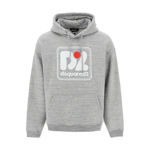 Gray hooded sweatshirt made of heathered fabric featuring a white rectangular Dsquared2 logo with a red circular accent