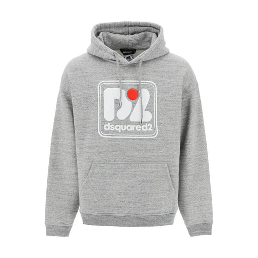 Gray hooded sweatshirt made of heathered fabric featuring a white rectangular Dsquared2 logo with a red circular accent