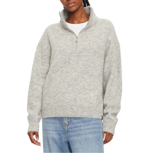 Womens Gray Knit Quarter Zip Sweater displayed on a model highlighting style and comfort