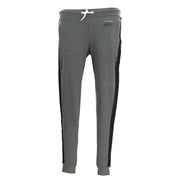 Gray heathered sweatpants with black side stripes and a white drawstring made of soft jogger material