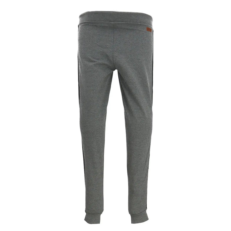Gray heathered jogger pants with black side stripes and a small brown brand tag on the waistband