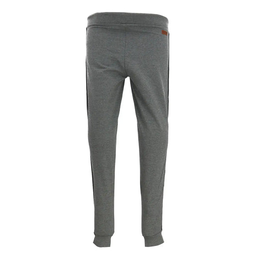 Gray heathered jogger pants with black side stripes and a small brown brand tag on the waistband