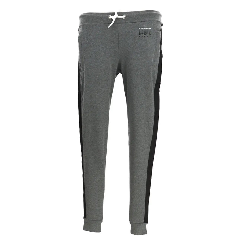 Gray heathered sweatpants with black side stripes and a white drawstring made of soft jogger material