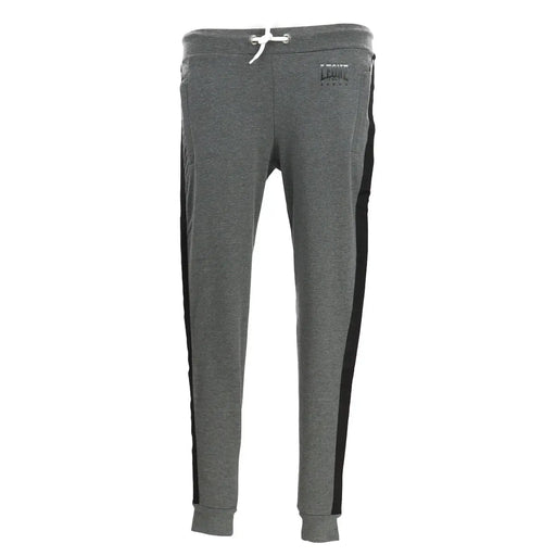 Gray heathered sweatpants with black side stripes and a white drawstring made of soft jogger material