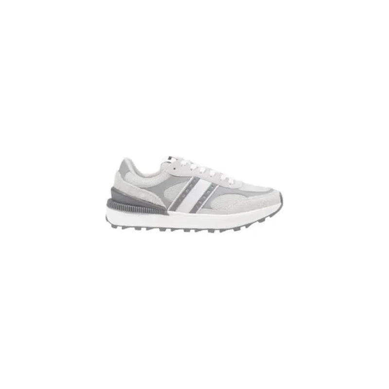 Tommy Hilfiger Women’s Grey Leather Sneakers featuring a stylish gray and white design
