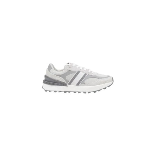 Tommy Hilfiger Women’s Grey Leather Sneakers featuring a stylish gray and white design
