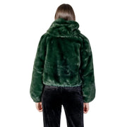 Green hooded polyester blazer for women featuring a deep green faux fur cropped design with plush texture and elasticated cuffs