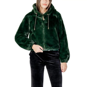 Green hooded polyester blazer for women with deep green faux fur hood, zipper front, and drawstring details
