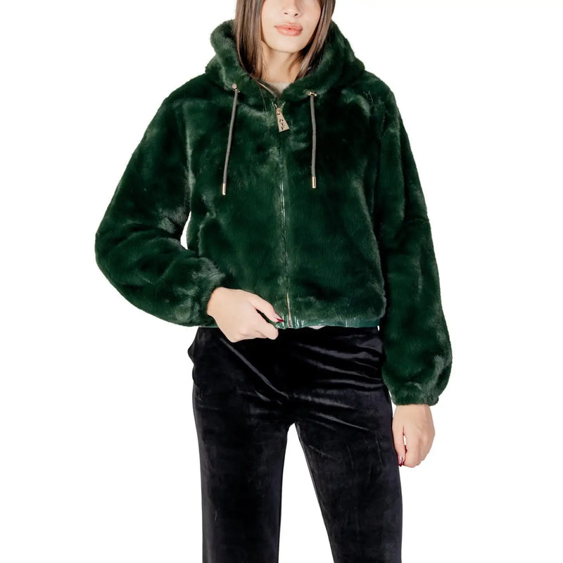 Green hooded polyester blazer for women with deep green faux fur hood, zipper front, and drawstring details