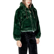 Emerald green faux fur cropped hoodie with front zipper and drawstrings in polyester blend for women