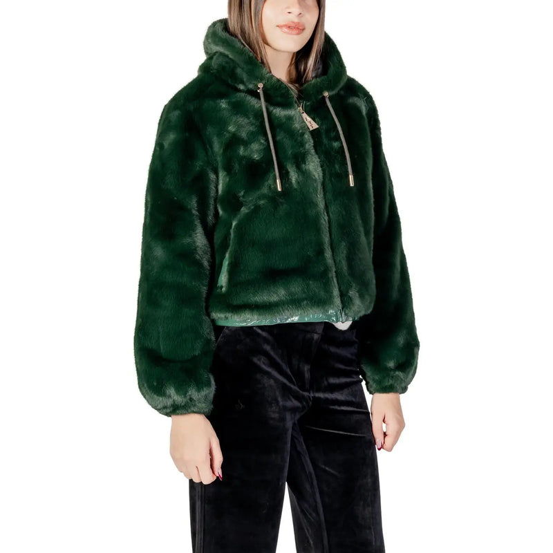 Emerald green faux fur cropped hoodie with front zipper and drawstrings in polyester blend for women