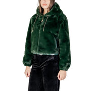 Emerald green faux fur cropped hoodie with hood and zipper closure in polyester blazer style for women