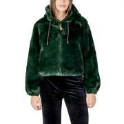 Emerald green faux fur hooded polyester blazer with front zipper and drawstrings for women