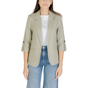Beige linen viscose blazer with three quarter sleeves and buttoned cuffs for formal and casual wear