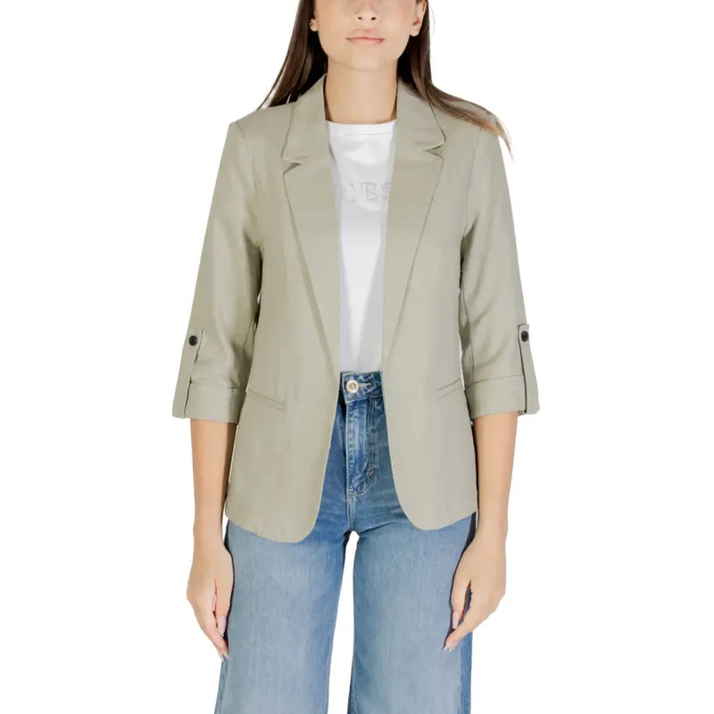 Beige linen viscose blazer with three quarter sleeves and buttoned cuffs for formal and casual wear